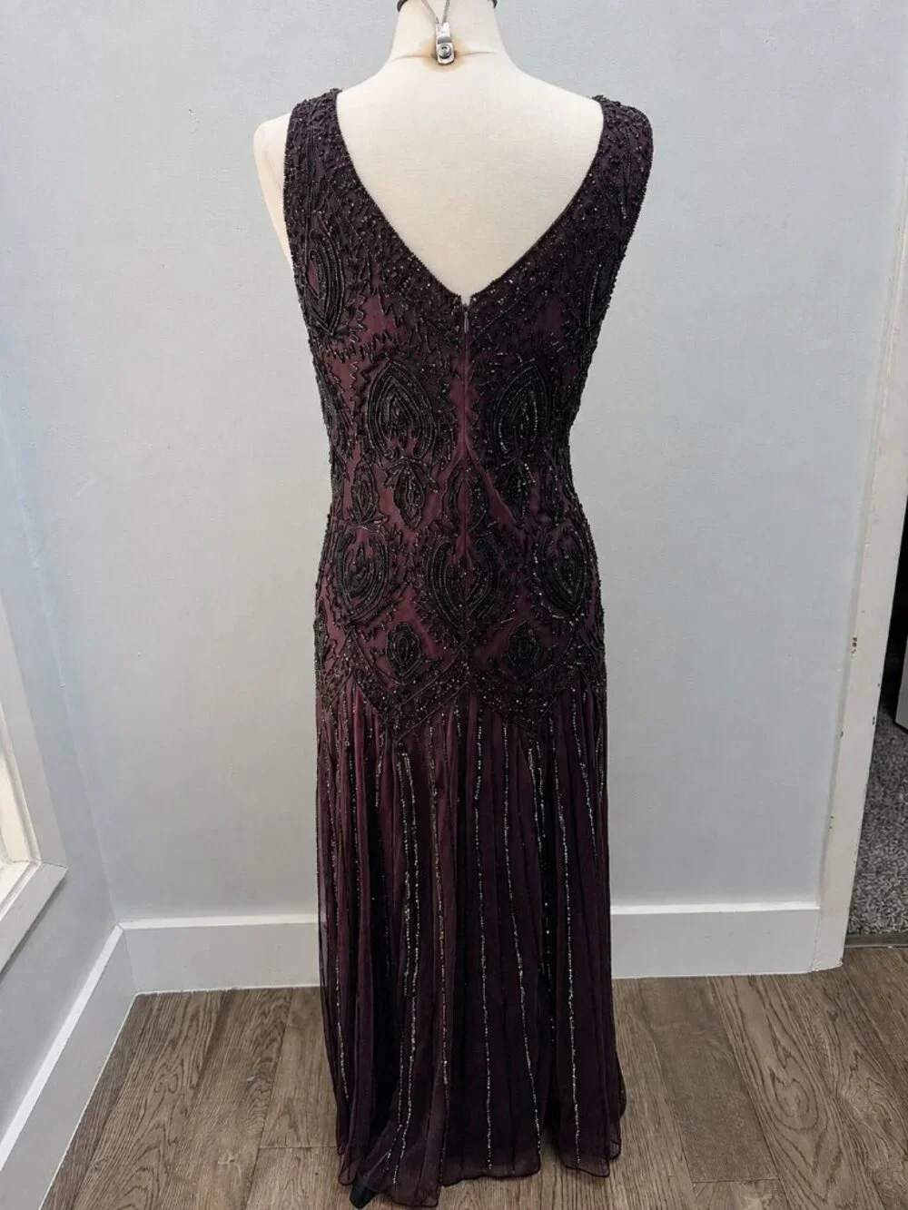 12P Plum Beaded Sequin Maxi Dress & Bolero Jacket Formal Flapper 20s Art Deco
